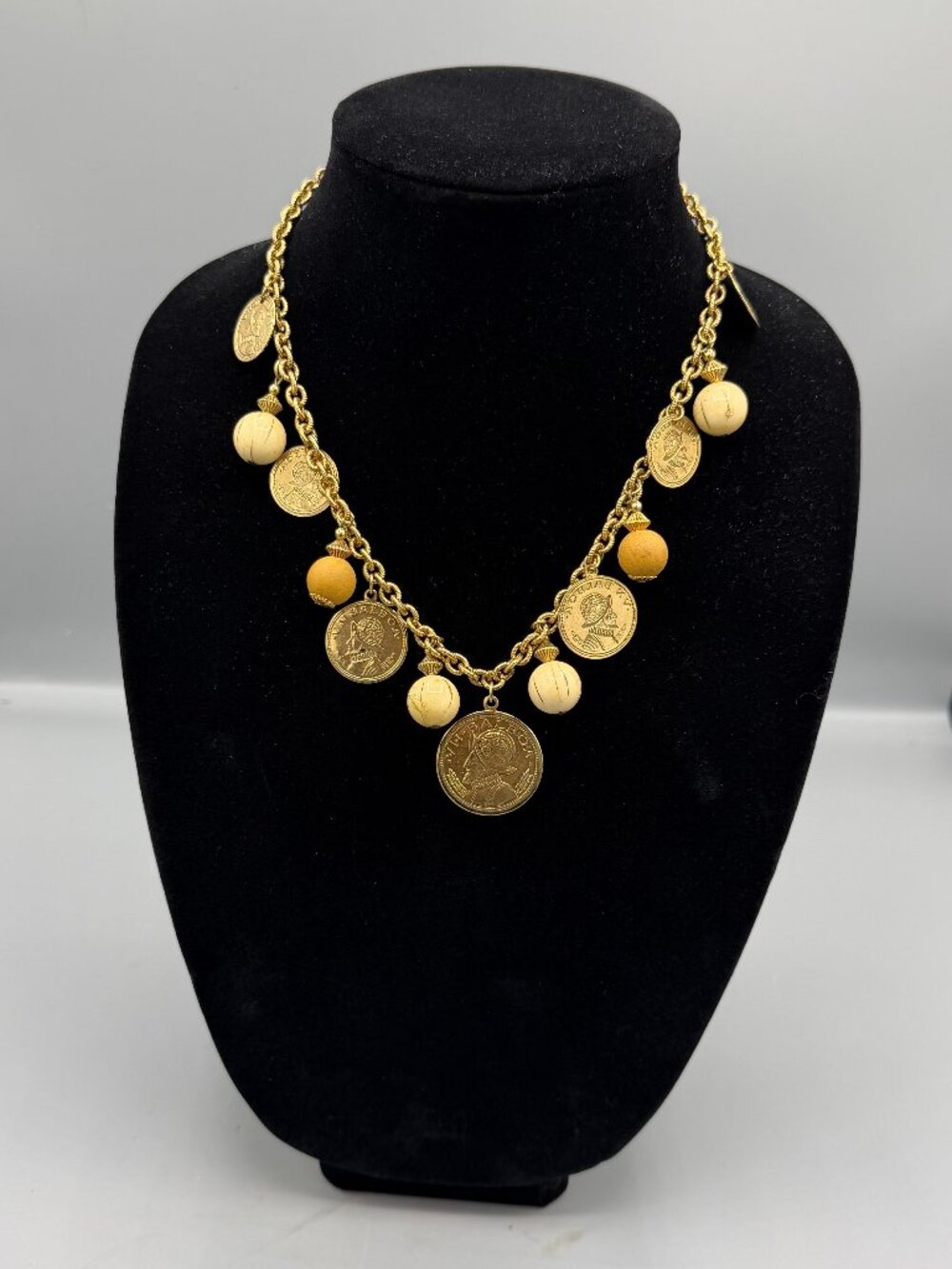 Gold colored faux coins and pearls Necklace